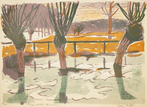 Edwin La Dell ARA (1914-1970), ‘Grant Chester Meadows’, Cambridge, signed in pencil and limited edition 3/25, lithograph, 47 x 66cm